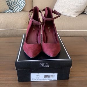 Mia Ankle Strap Dark Red Suede Heels